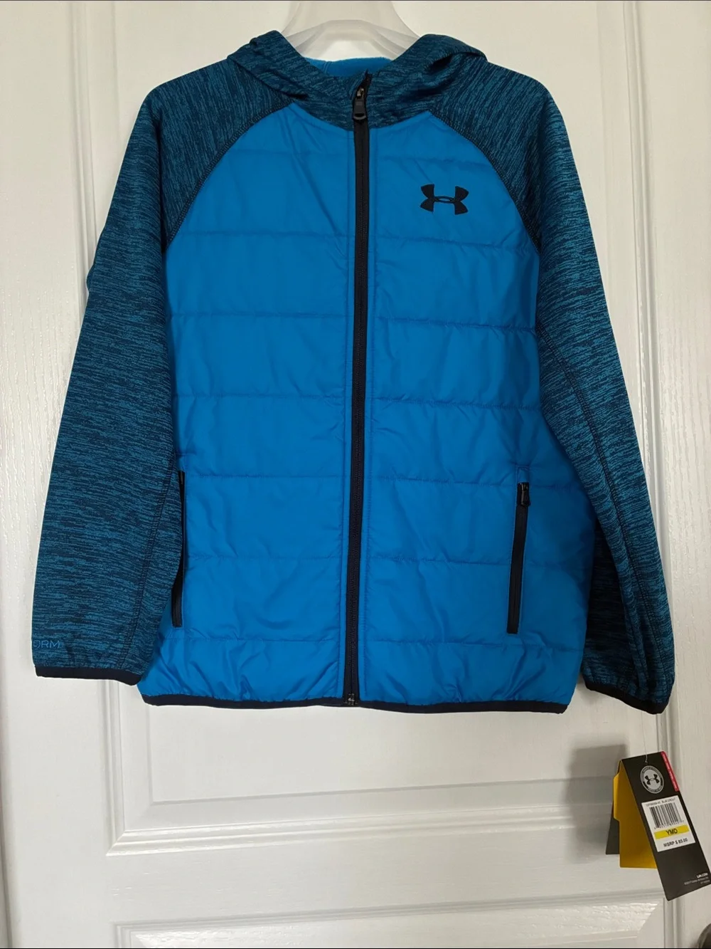 Under Armour Boys' Bright Blue Hooded Puffer with Heathered Navy Sleeves